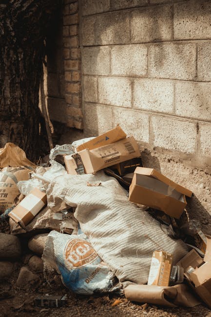 A pile of mixed household waste and packaging materials located on the ground beside a brick wall, consisting of cardboard boxes, plastic bags, and paper sacks. The cardboard boxes vary in size, some partially crushed or opened, with visible flaps and tape. The paper sacks appear crumpled and are intermingled with the cardboard, some with printed logos or text. The waste is situated on a surface composed of soil and small rocks, near the base of a large tree trunk on the left side of the image. The background features a weathered brick wall with a section of concrete blocks, showing signs of age and wear. The lighting is natural, with soft shadows and even illumination, emphasizing the texture of the materials and the environment. This scene exemplifies an independent waste collection effort, typical of household rubbish removal outside of municipal services, and highlights the importance of proper disposal of domestic waste to maintain cleanliness and environmental standards.
